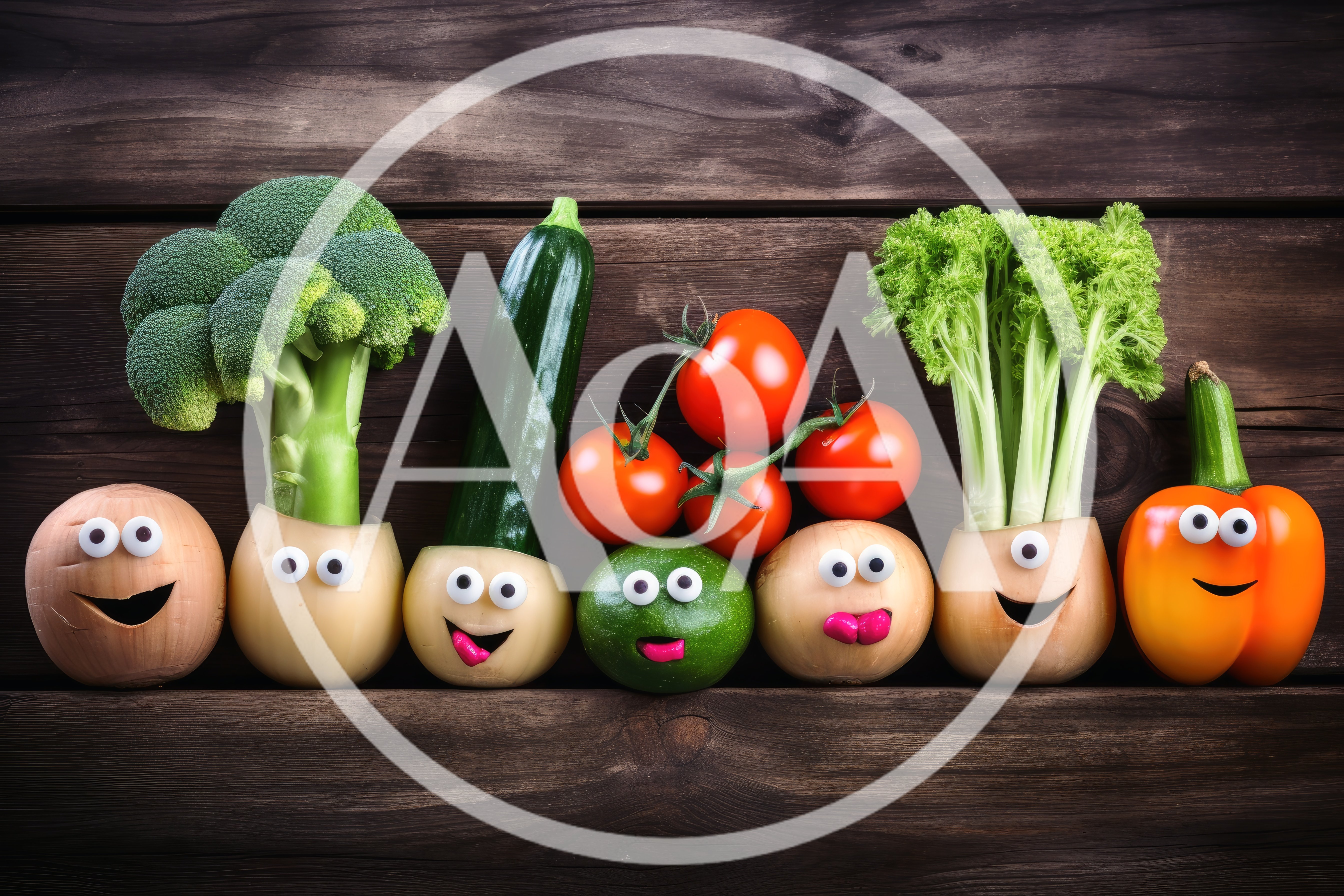 Funny Vegetable Characters With Googly Eyes On Wooden Background