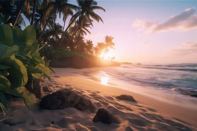 Tropical Beach Sunset With Palm Trees And Waves