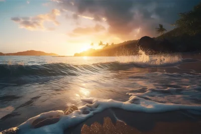 Tropical Beach Sunset With Crashing Ocean Waves