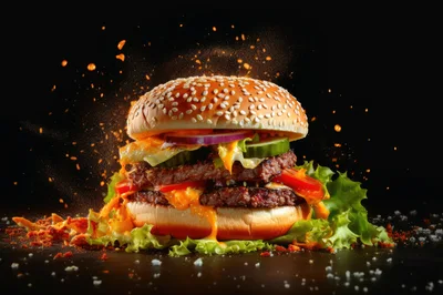 Double Cheeseburger With Lettuce And Spices On Black Background