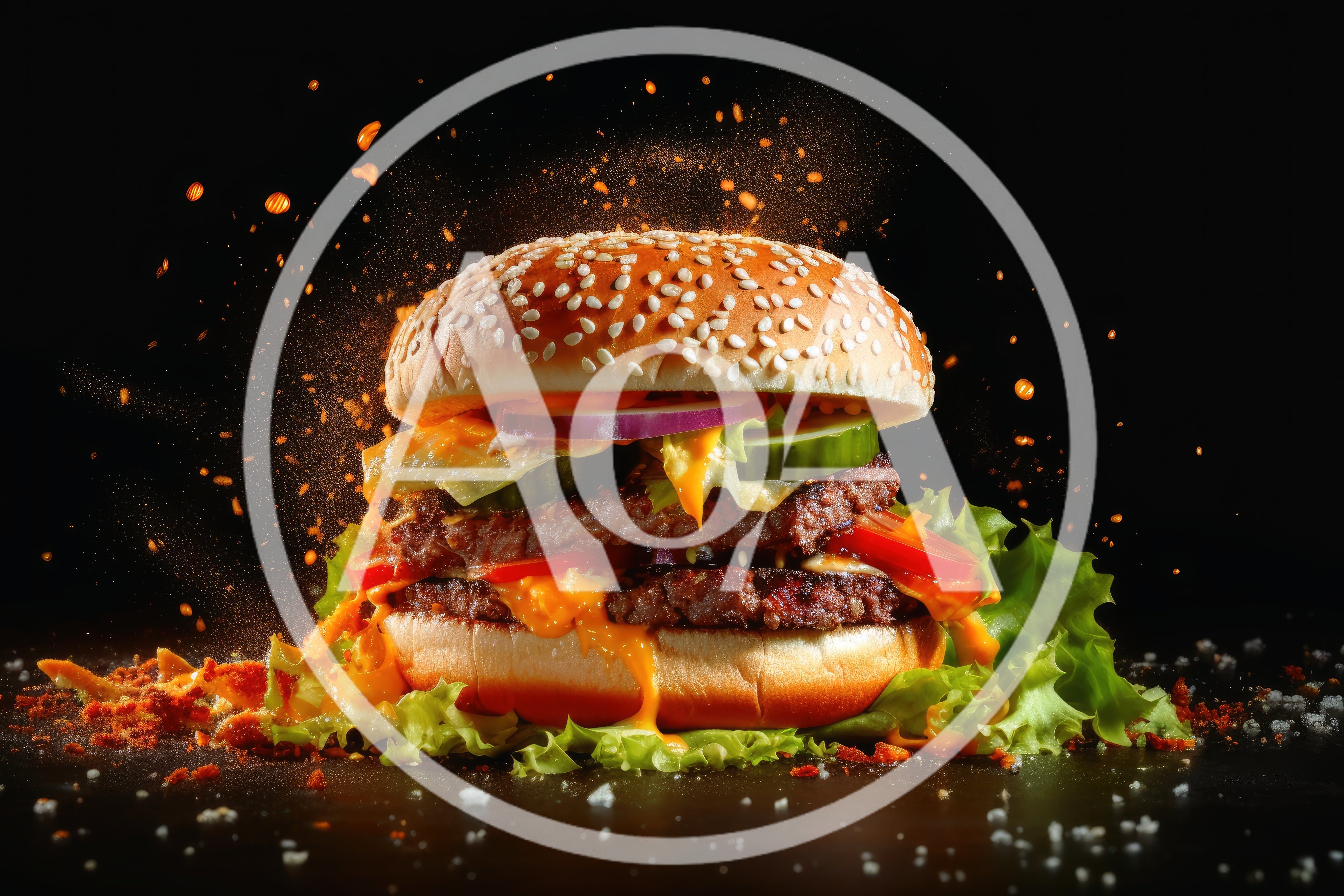 Double Cheeseburger With Lettuce And Spices On Black Background