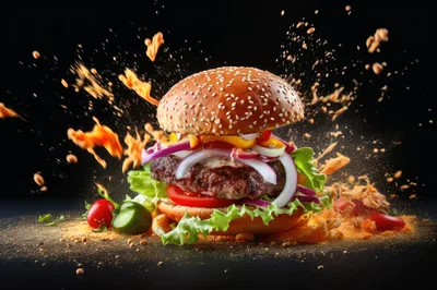 Gourmet Burger With Explosive Ingredients On Black Background