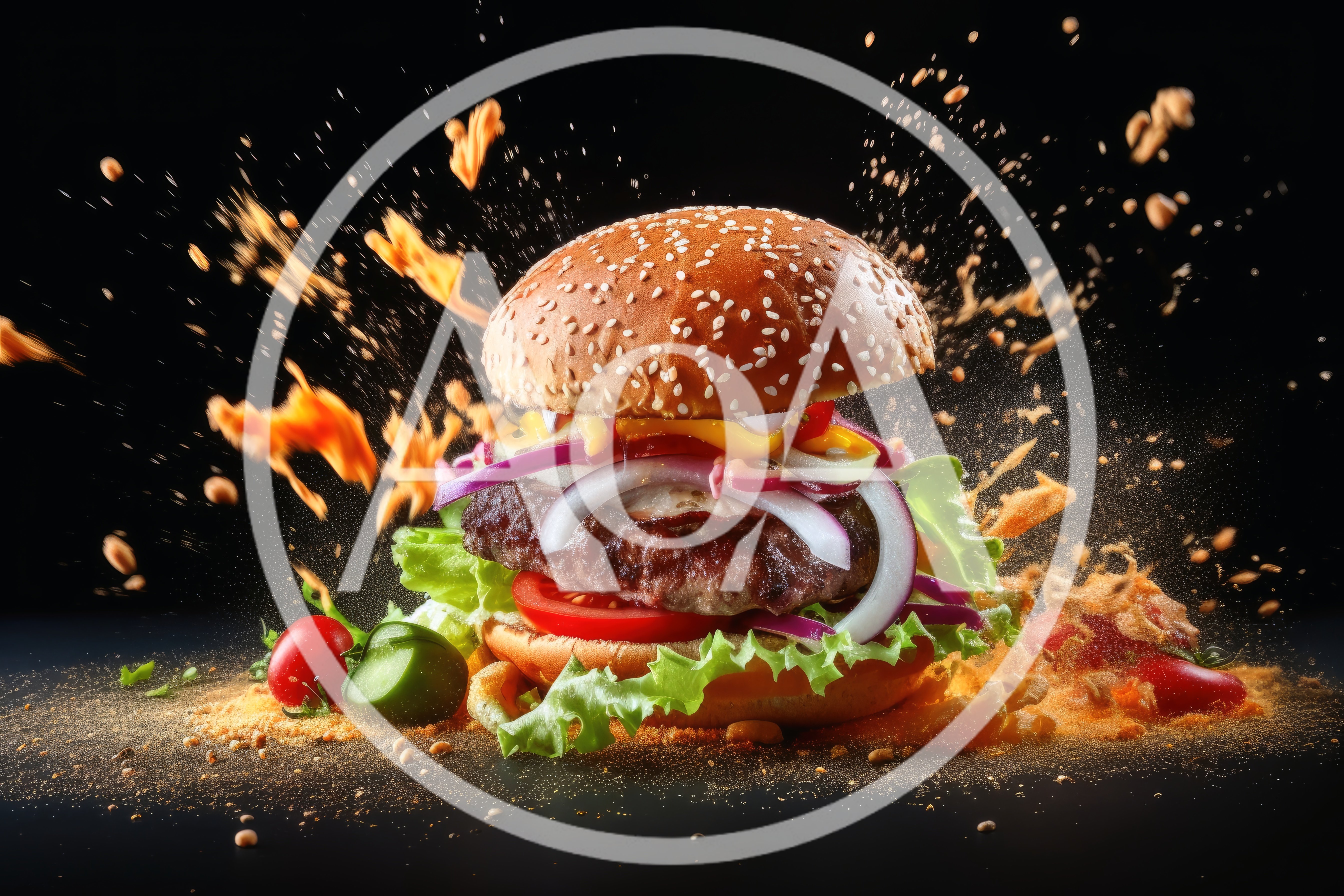 Gourmet Burger With Explosive Ingredients On Black Background