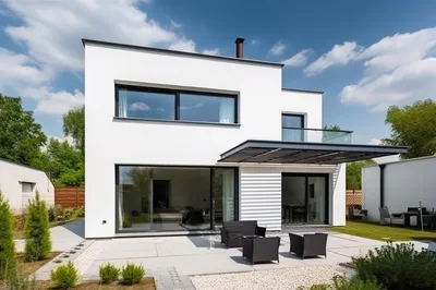 Modern White Two Story House With Patio Furniture
