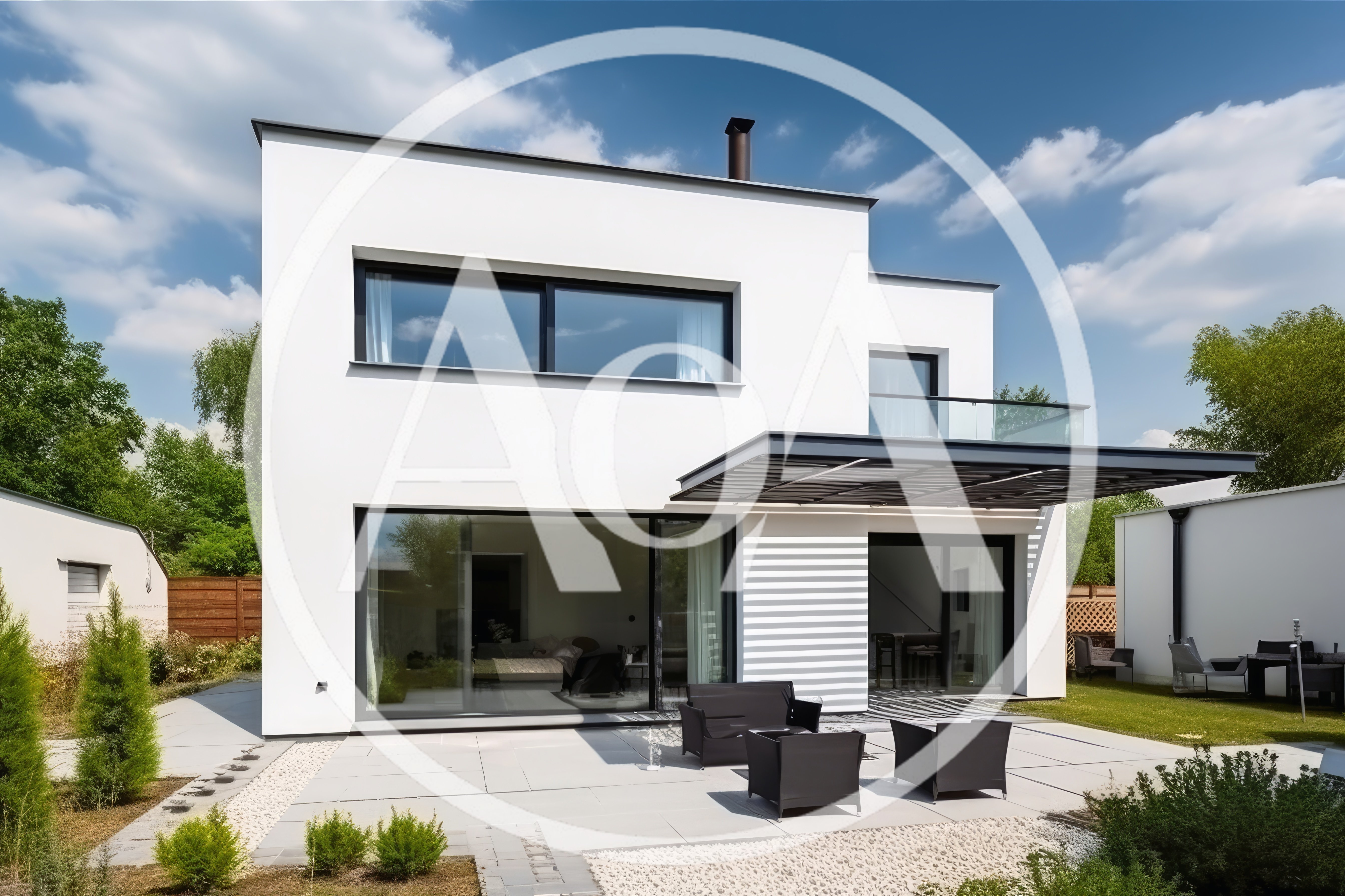 Modern White Two Story House With Patio Furniture