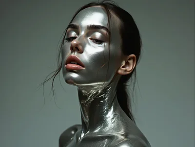 Portrait Of A Woman With Metallic Silver Skin