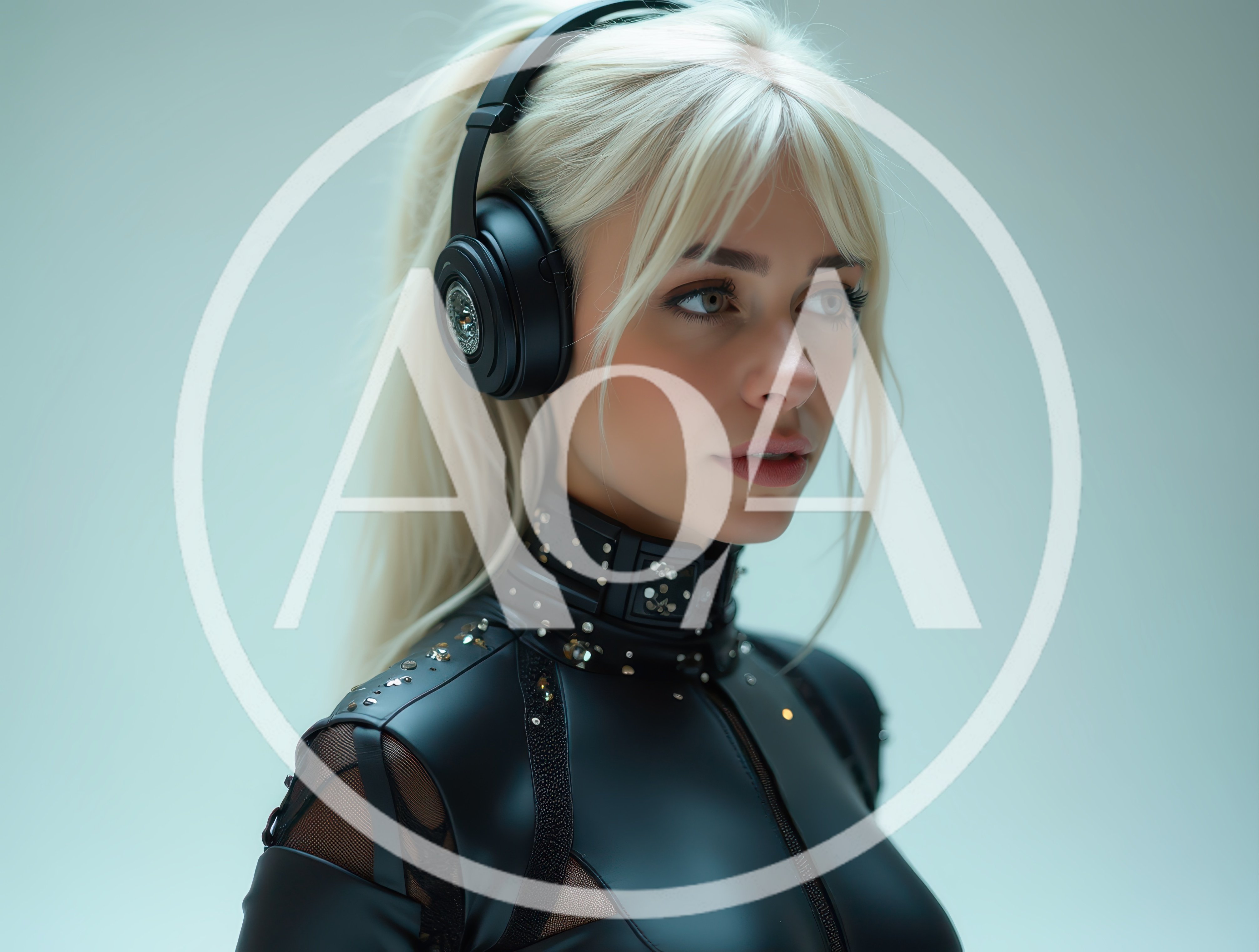 Blonde Woman Wearing Futuristic Headphones And Leather Outfit