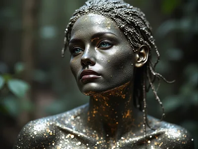 Portrait Of A Woman With Metallic Skin And Glitter