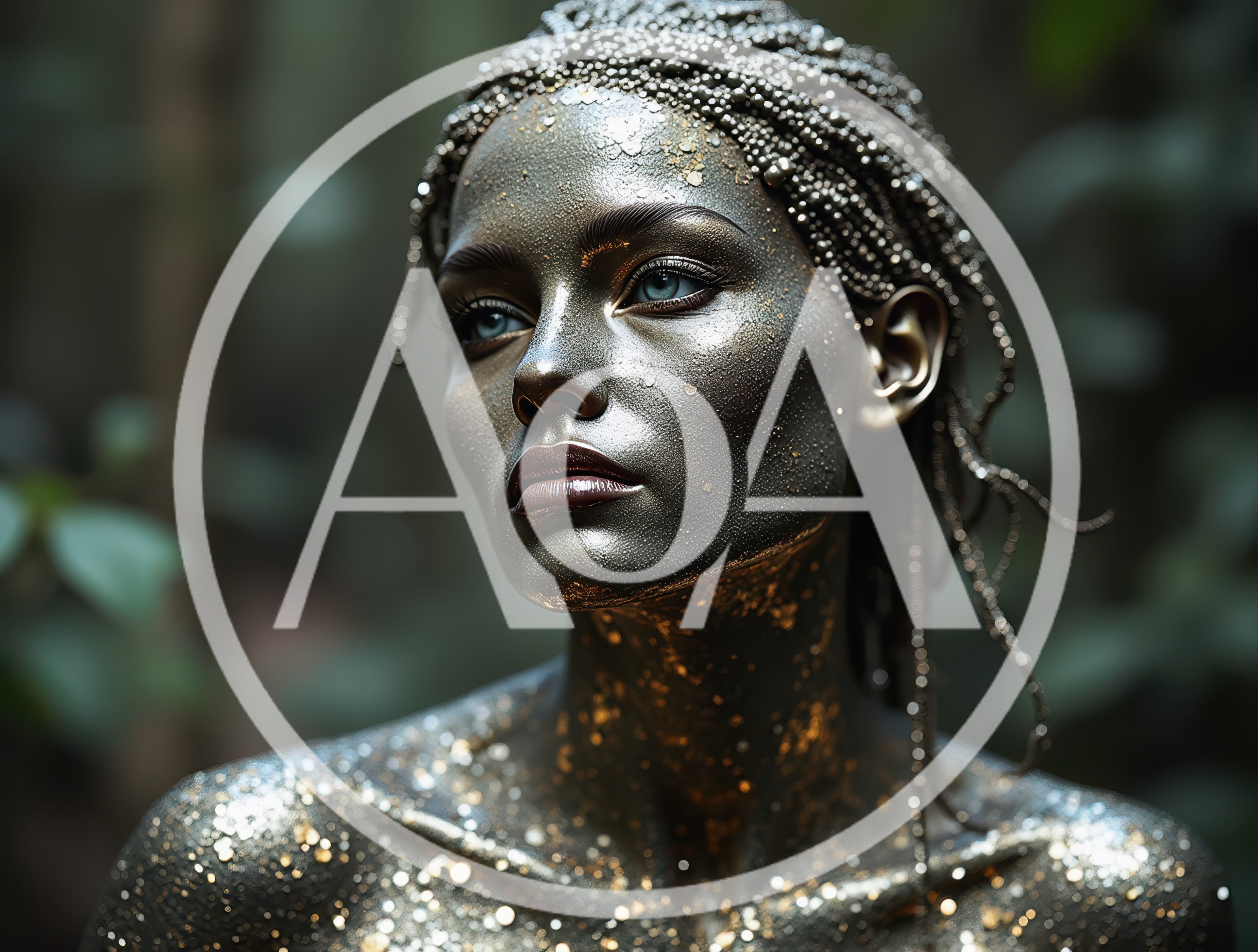 Portrait Of A Woman With Metallic Skin And Glitter