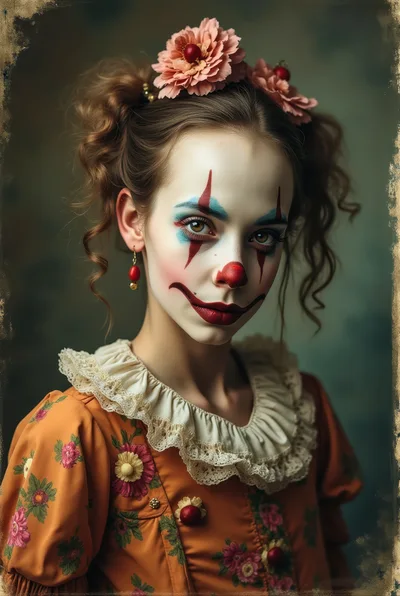 Portrait Of A Young Woman In Vintage Clown Makeup