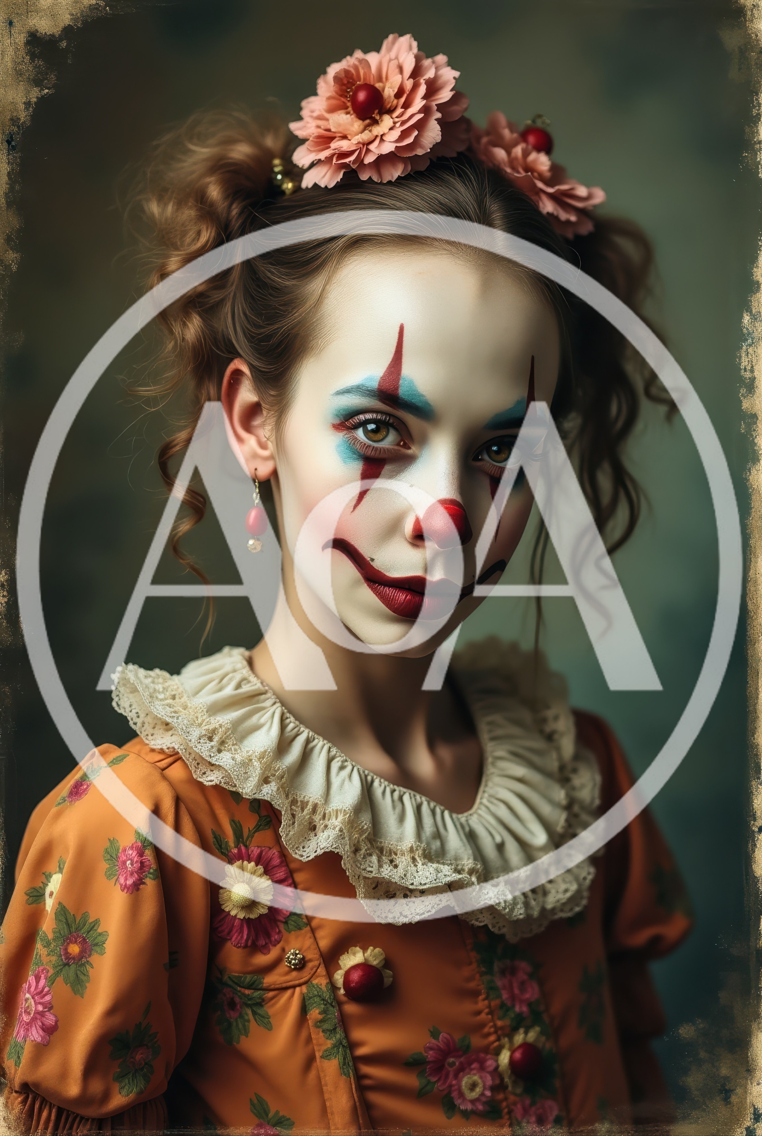 Portrait Of A Young Woman In Vintage Clown Makeup
