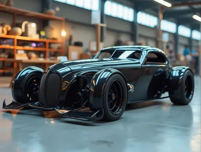 Custom Black Hot Rod Car In Industrial Workshop