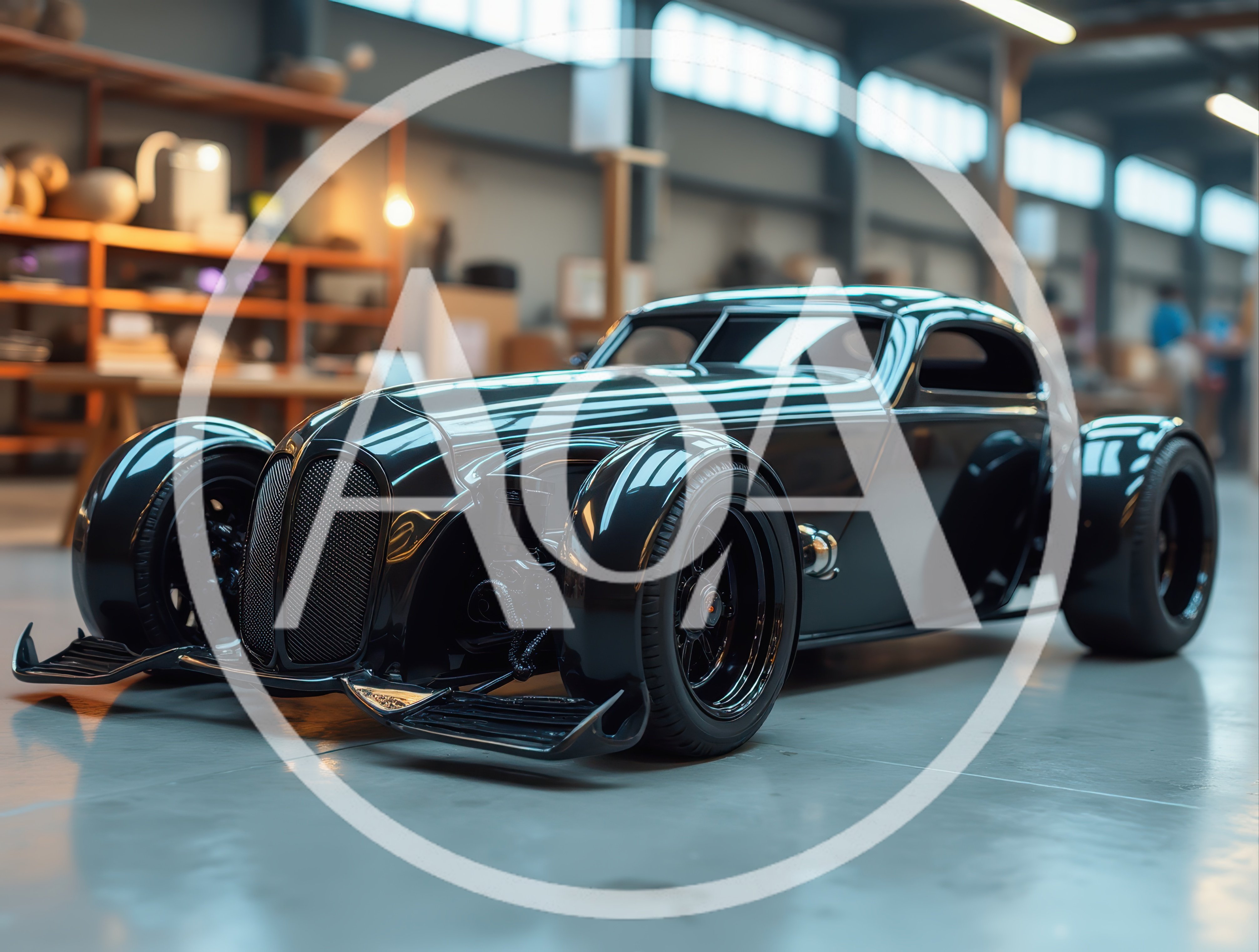Custom Black Hot Rod Car In Industrial Workshop