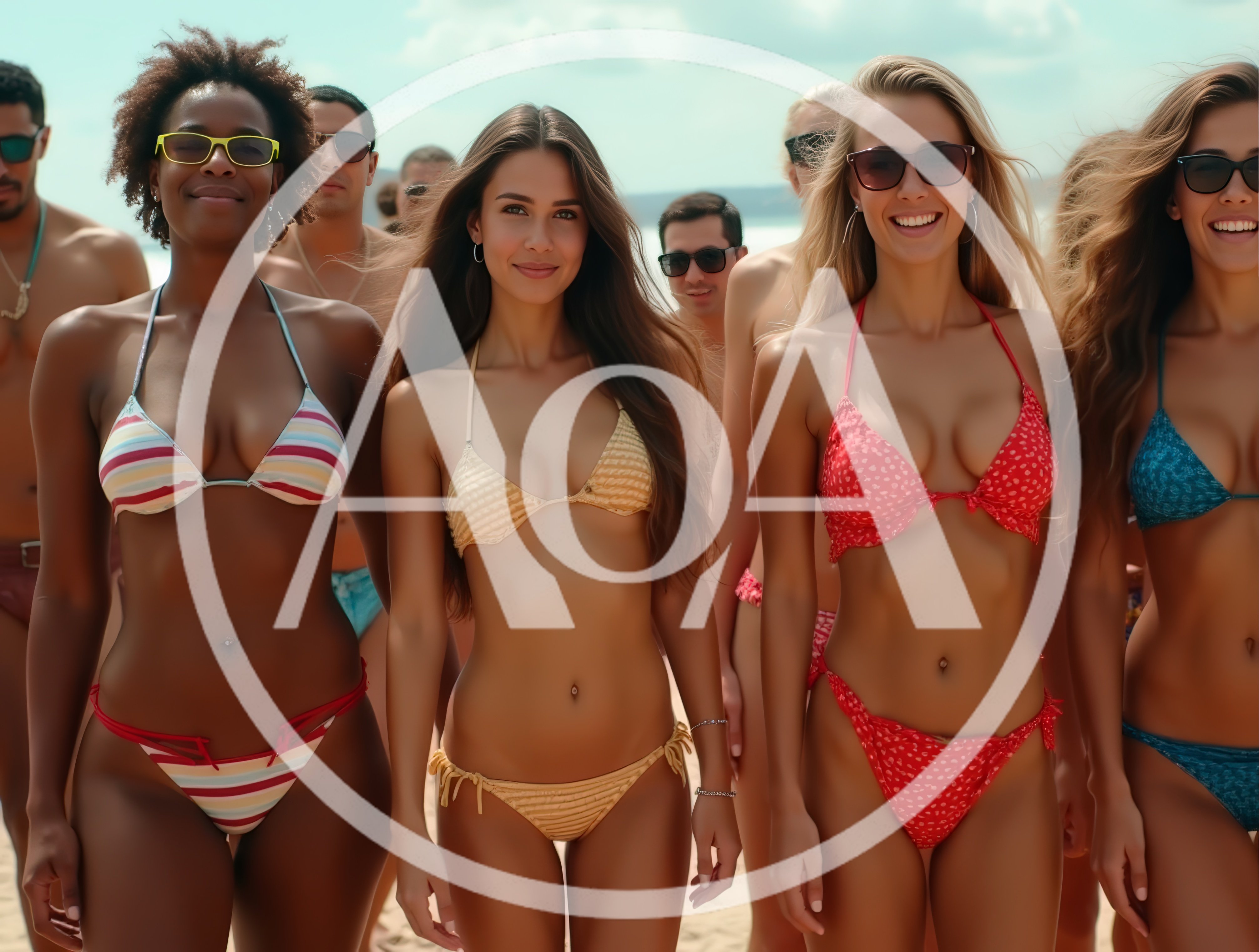 Diverse Group Of Friends Walking On Sunny Beach