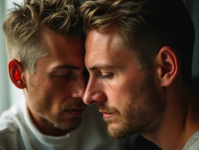 Two Men Leaning Foreheads Together In Intimate Moment