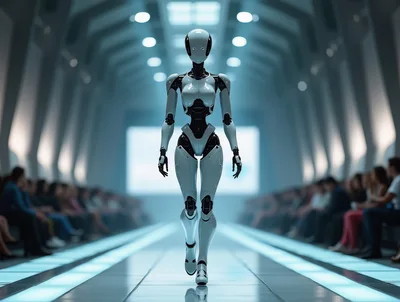 Futuristic Humanoid Robot Walking Down A Fashion Runway