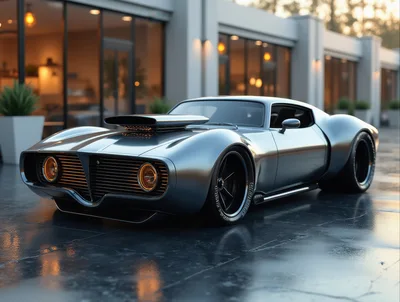 Custom Silver Muscle Car Parked Outside Modern Building