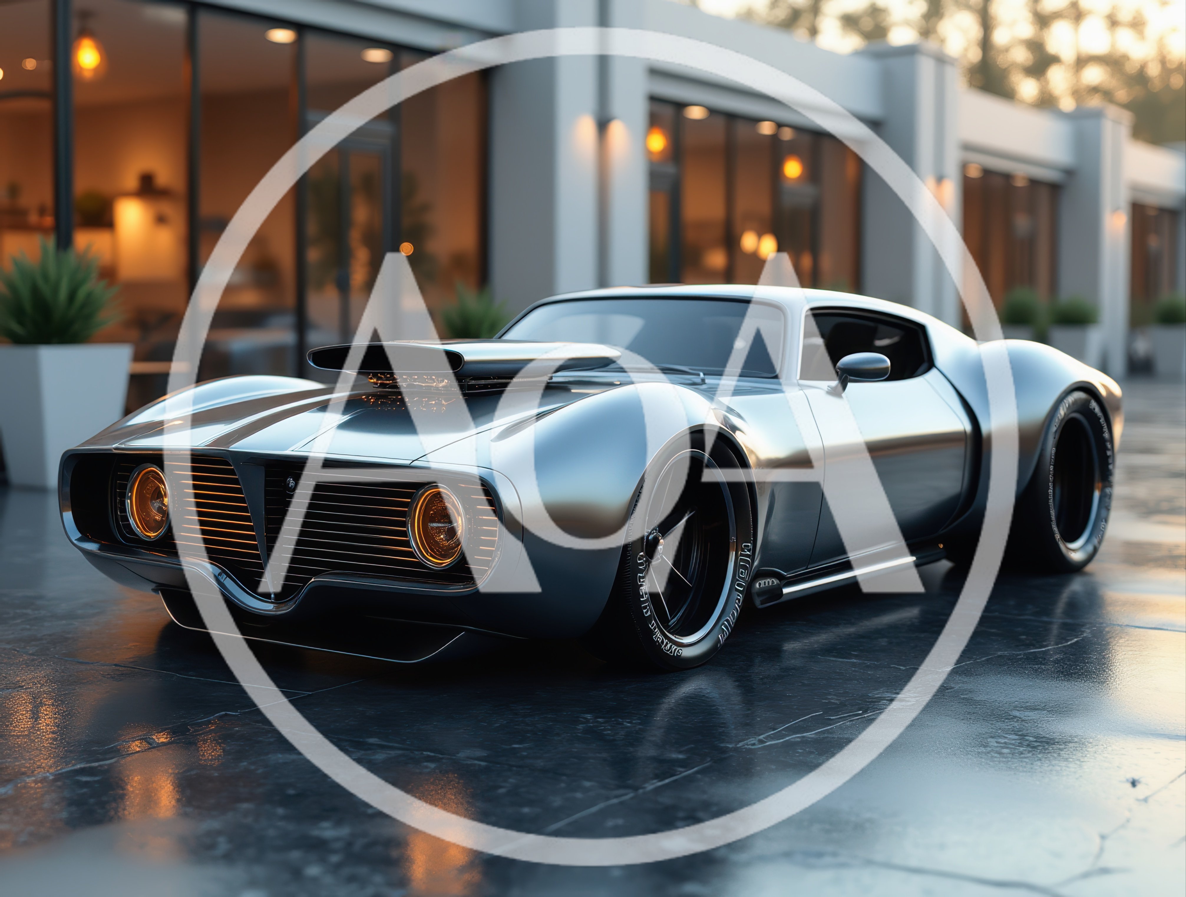 Custom Silver Muscle Car Parked Outside Modern Building
