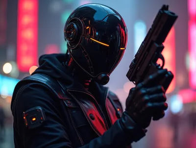 Cybernetic Assassin Holding A Futuristic Handgun In Neon City
