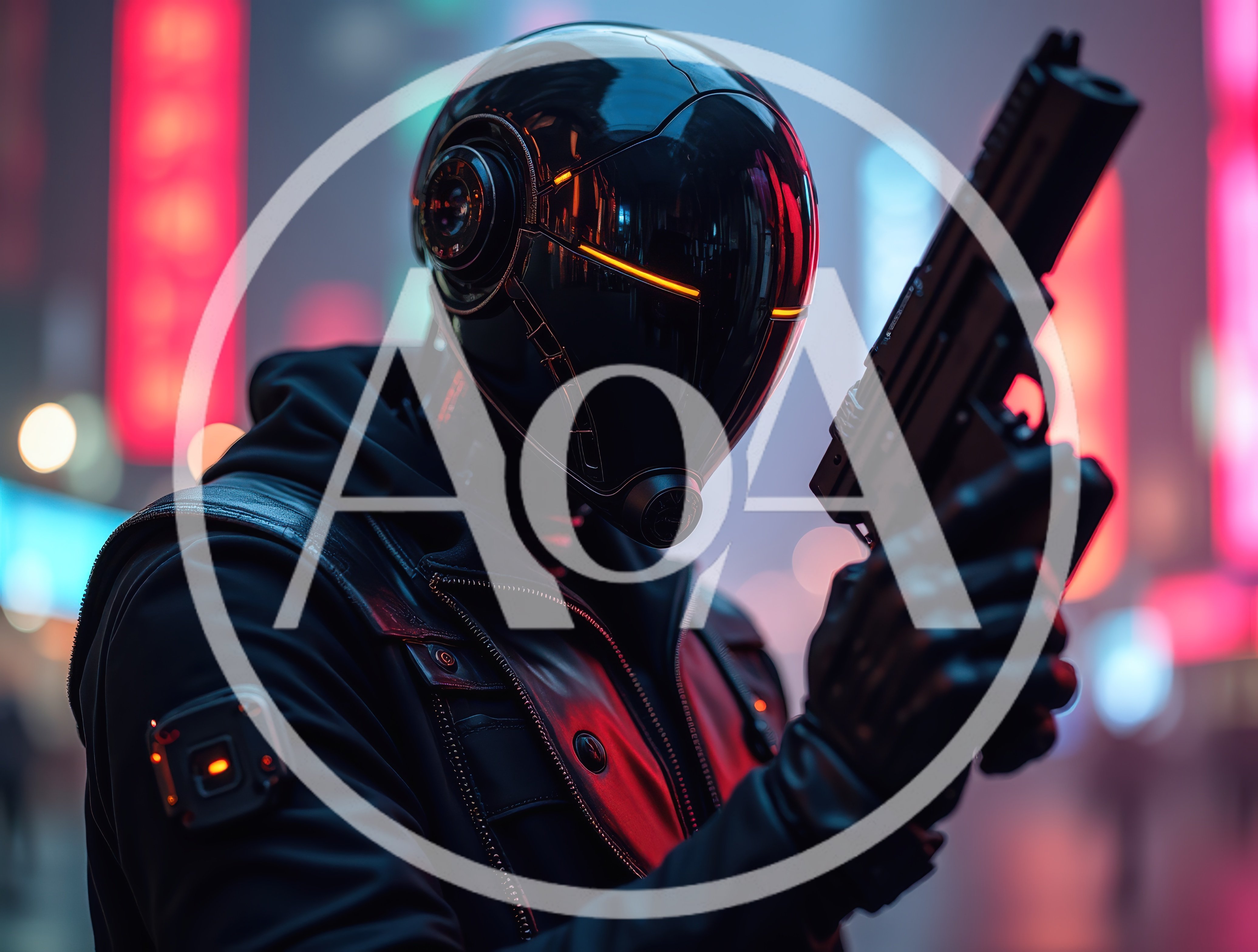 Cybernetic Assassin Holding A Futuristic Handgun In Neon City