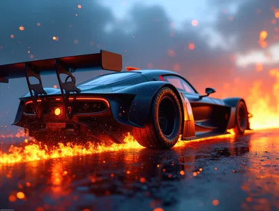 Futuristic Sports Car Drifting Through Fire