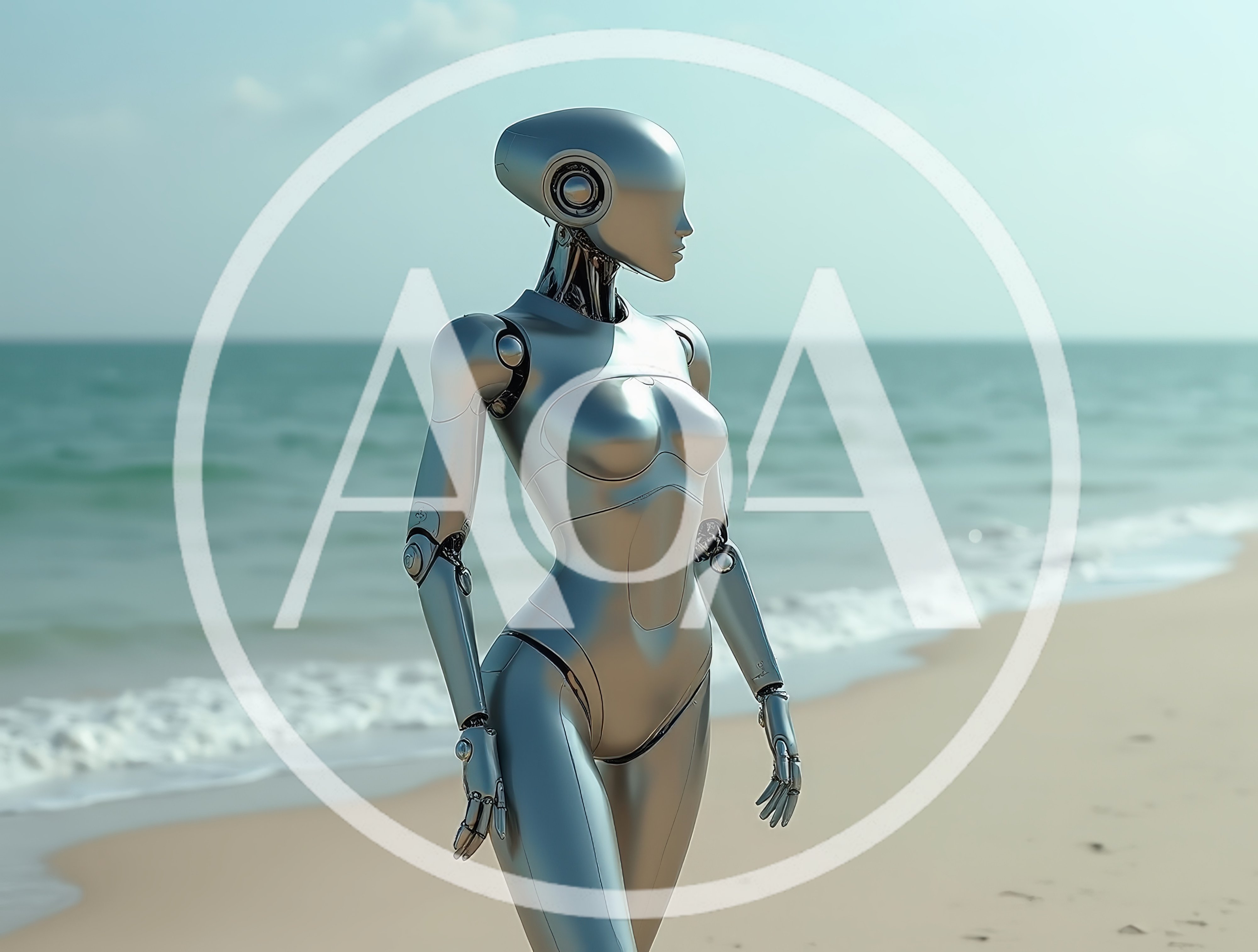 Futuristic Silver Android Walking Along A Sunny Beach