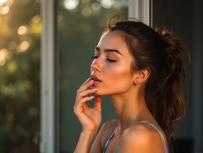 Young Woman Touching Her Lips In Soft Sunlight