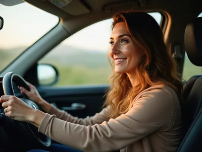 Happy Woman Driving A Car During Sunset
