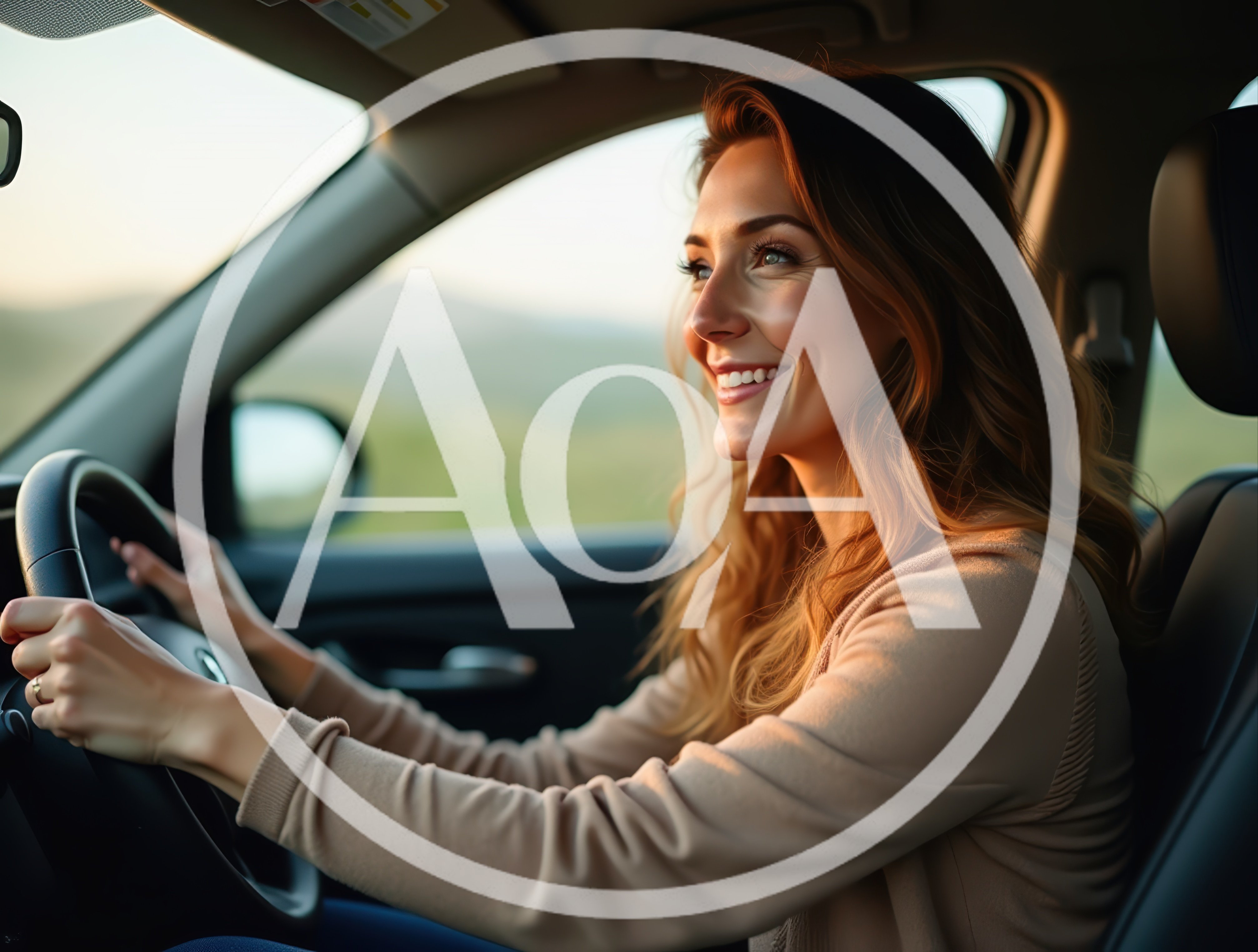 Happy Woman Driving A Car During Sunset