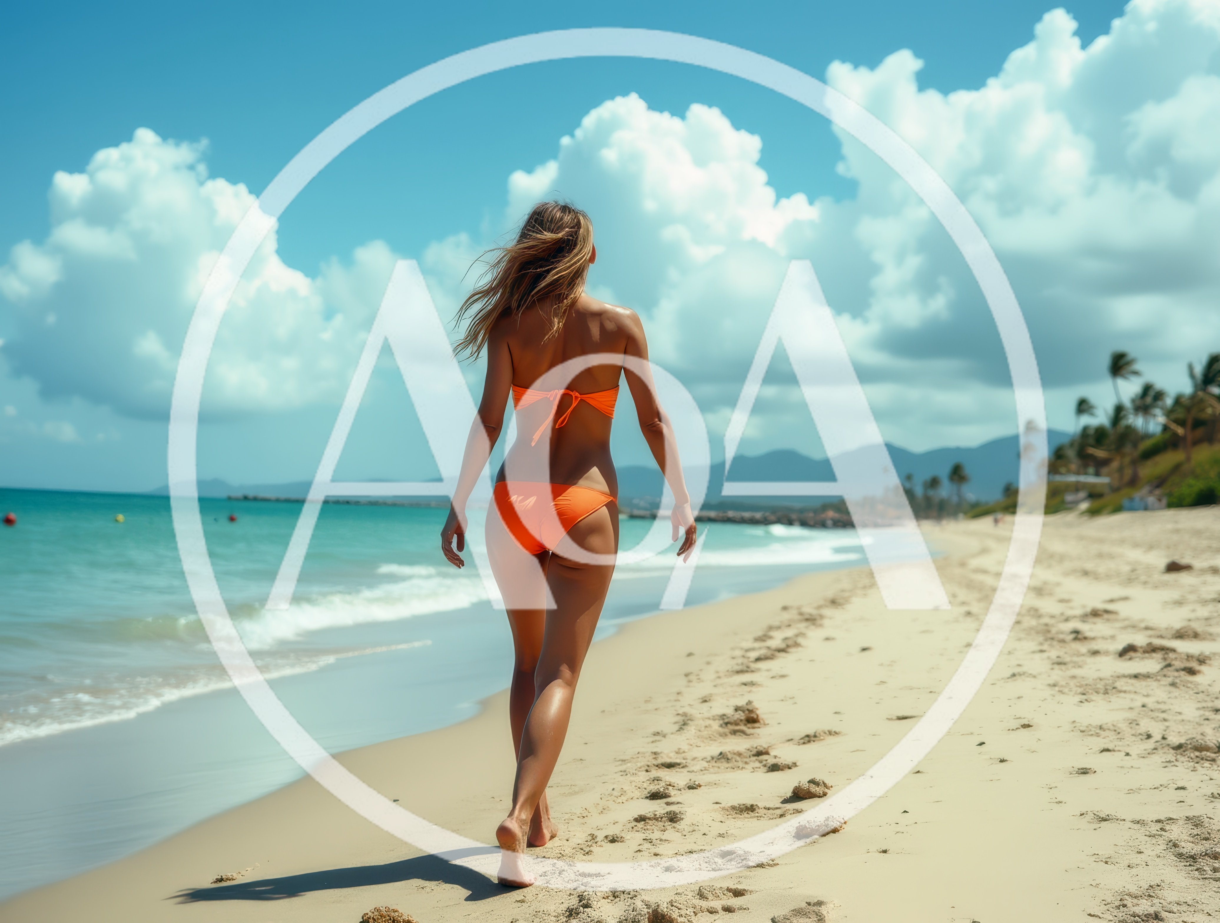 Woman Walking Along Tropical Beach In Orange Bikini