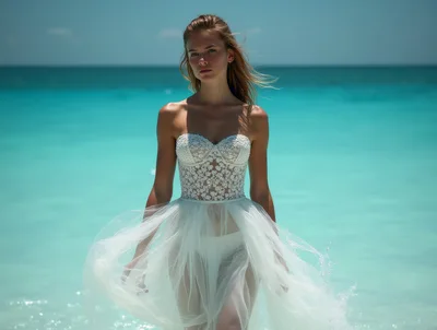 Woman In White Lace Wedding Dress Walking In Ocean