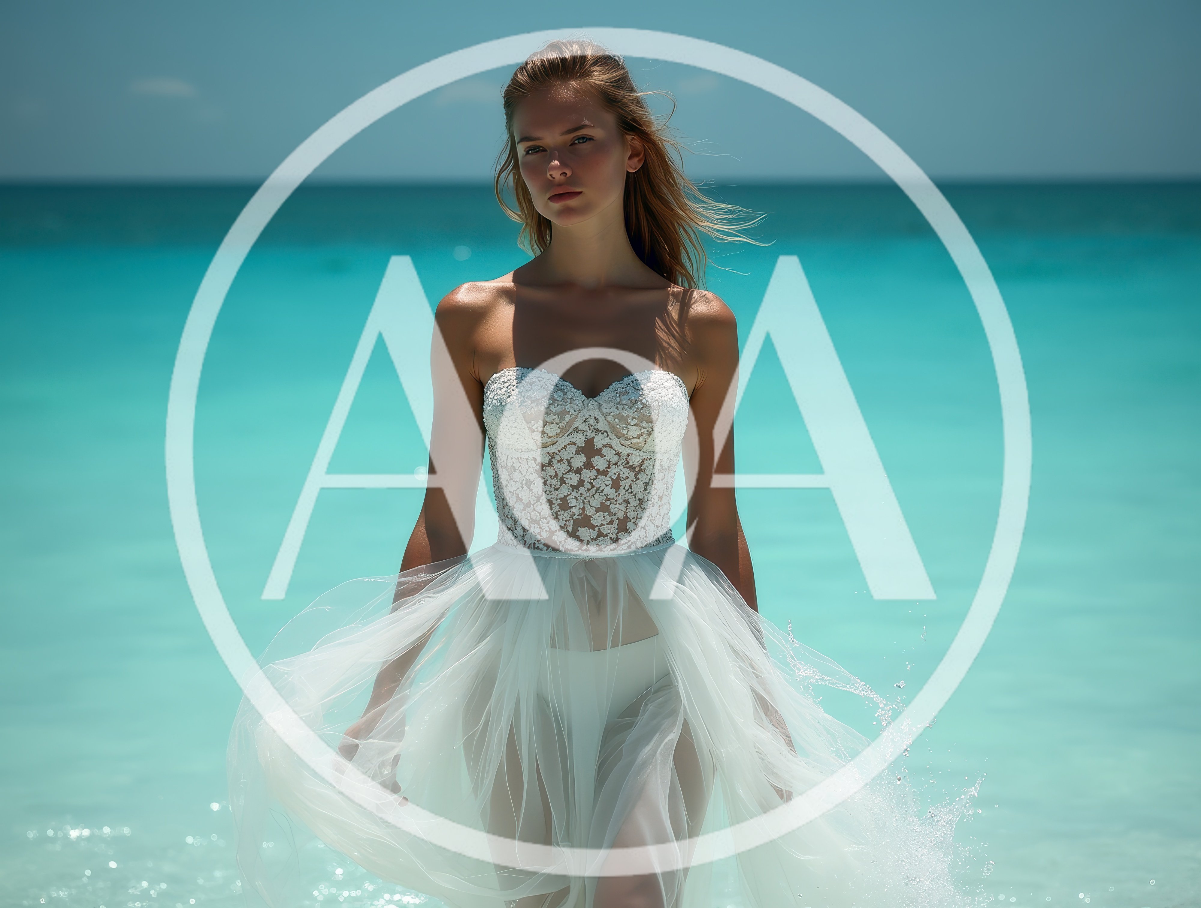 Woman In White Lace Wedding Dress Walking In Ocean