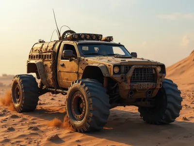 Modified Off-Road Military Truck Driving Through Desert Dunes