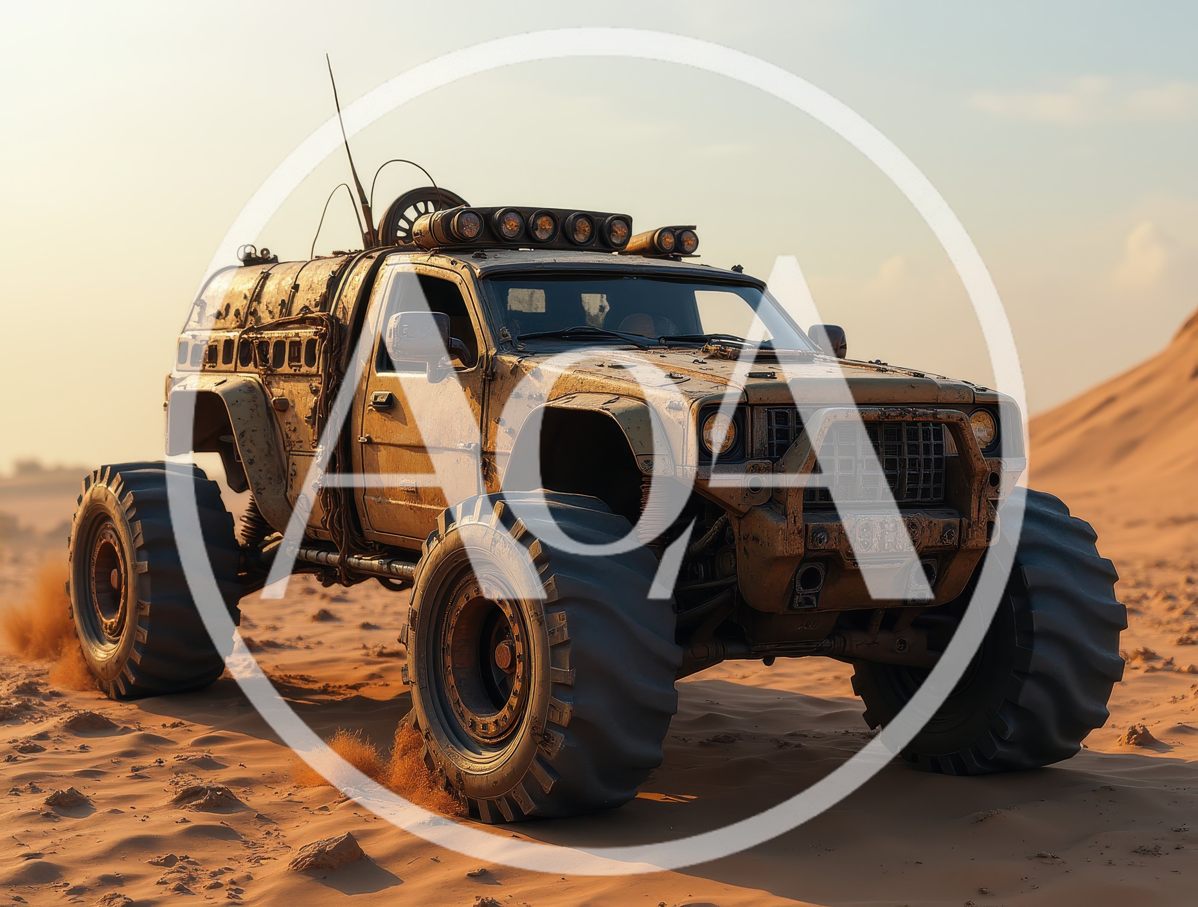 Modified Off-Road Military Truck Driving Through Desert Dunes