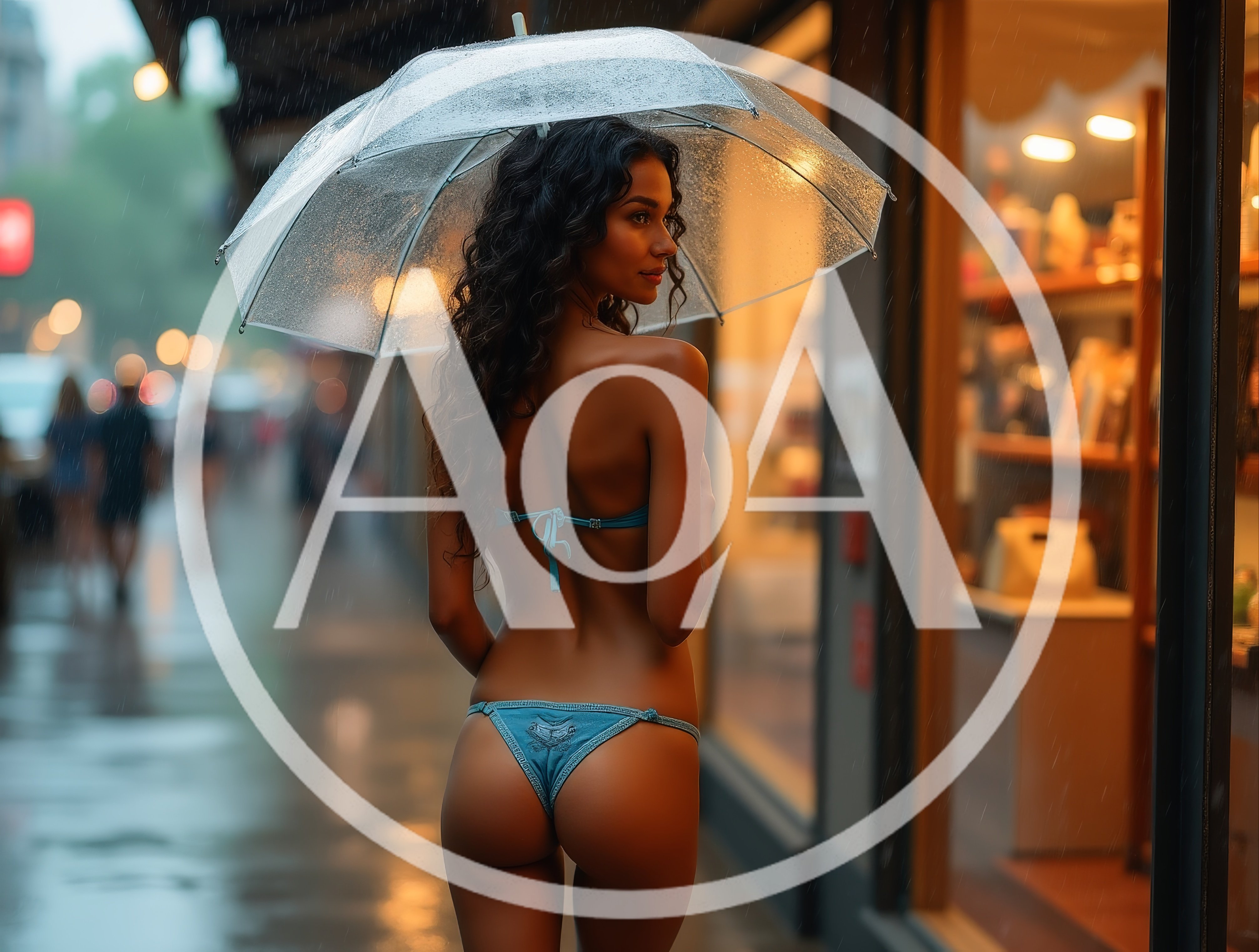 Woman In Bikini Walking Under Umbrella In Rain