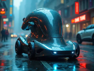 Futuristic Concept Car Driving Through Rainy City Street