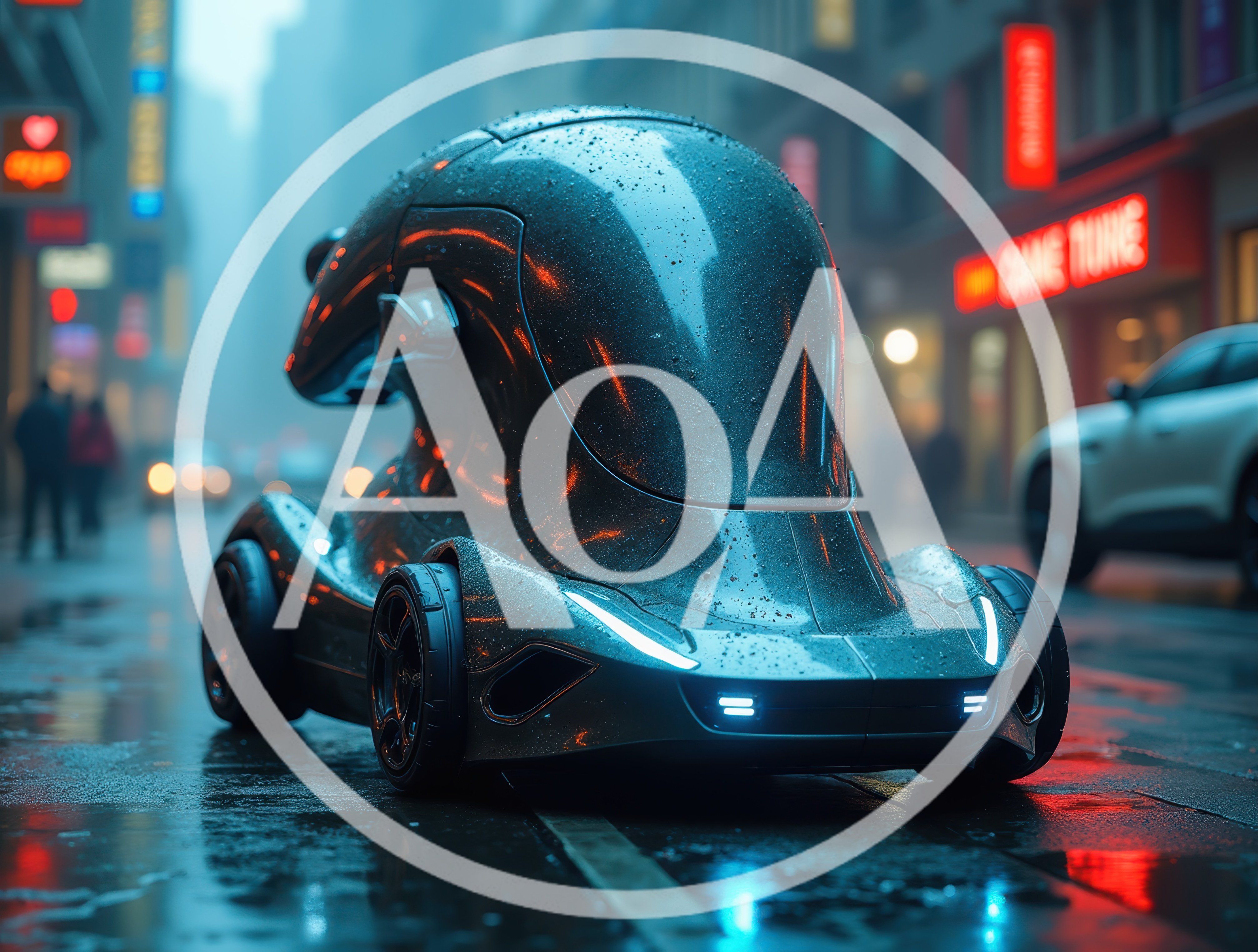 Futuristic Concept Car Driving Through Rainy City Street