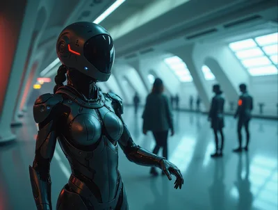 Futuristic Android Standing In A Modern Sci-Fi Corridor
