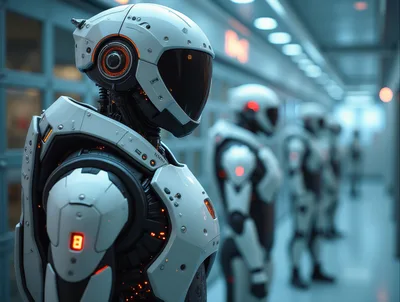 Futuristic Android Soldiers Standing In A Sterile Corridor