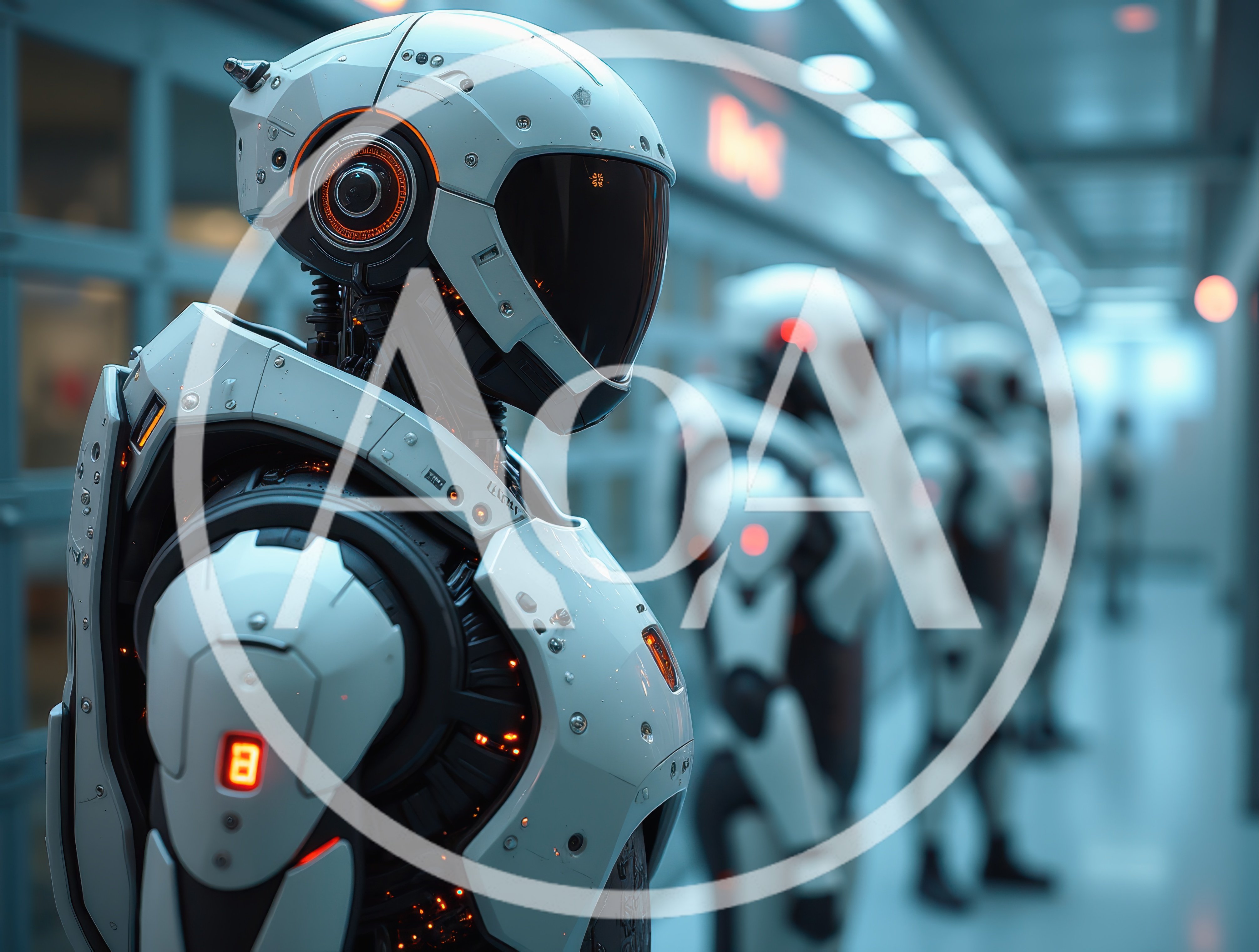 Futuristic Android Soldiers Standing In A Sterile Corridor