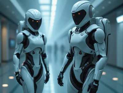 Two Futuristic White Androids Standing In A Corridor