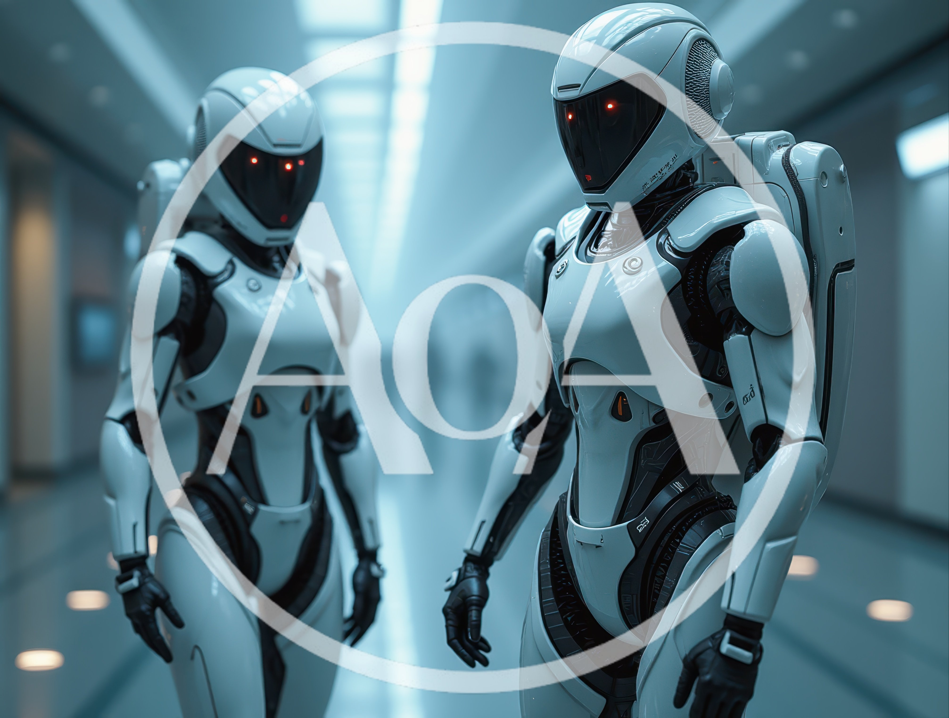 Two Futuristic White Androids Standing In A Corridor