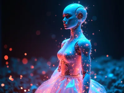 Futuristic Android Woman in Glowing Ballgown