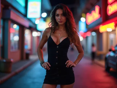 Young Woman Posing In A Black Dress At Night