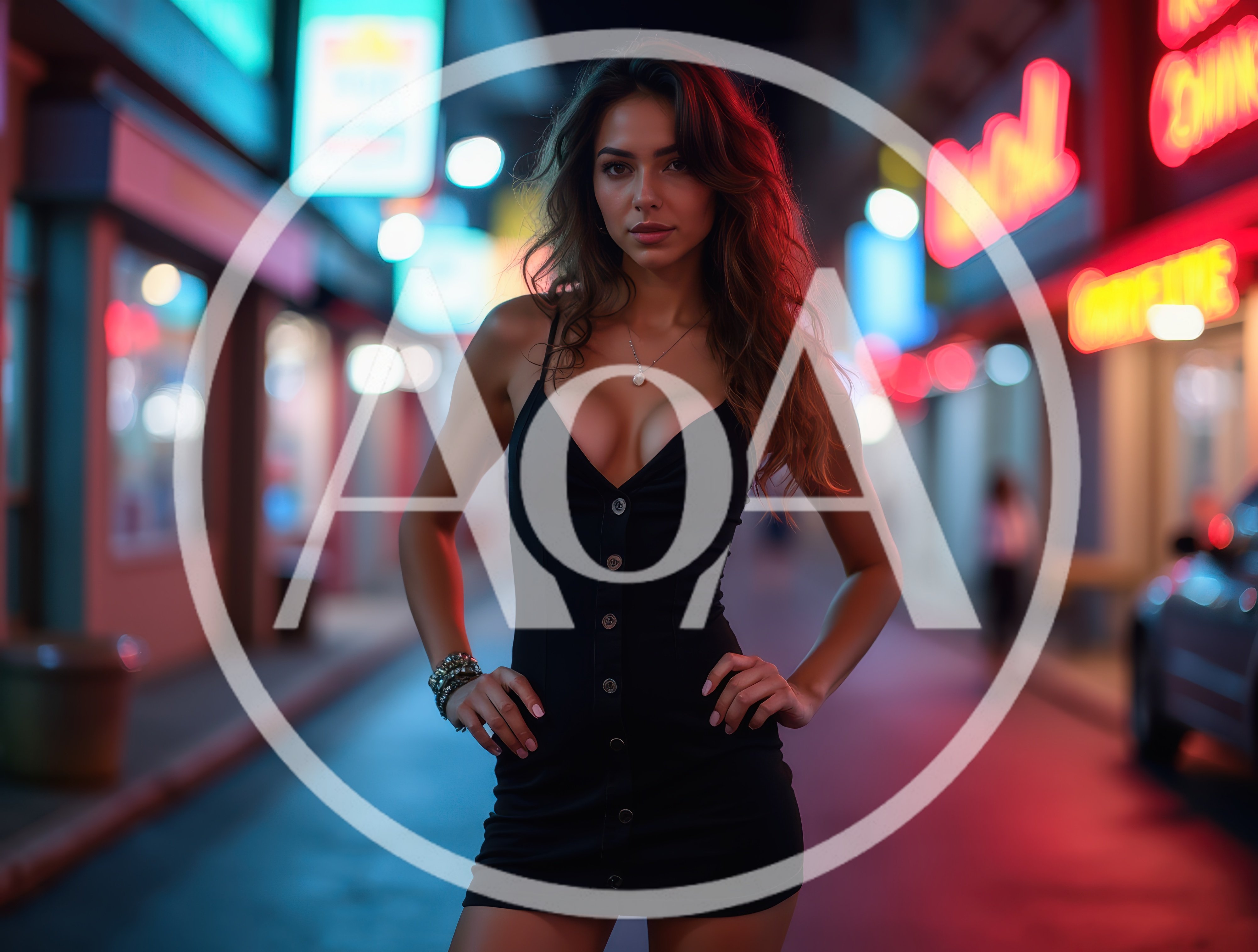 Young Woman Posing In A Black Dress At Night