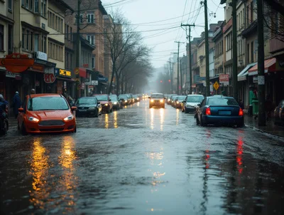 Flooded City Street With Traffic During Heavy Rain