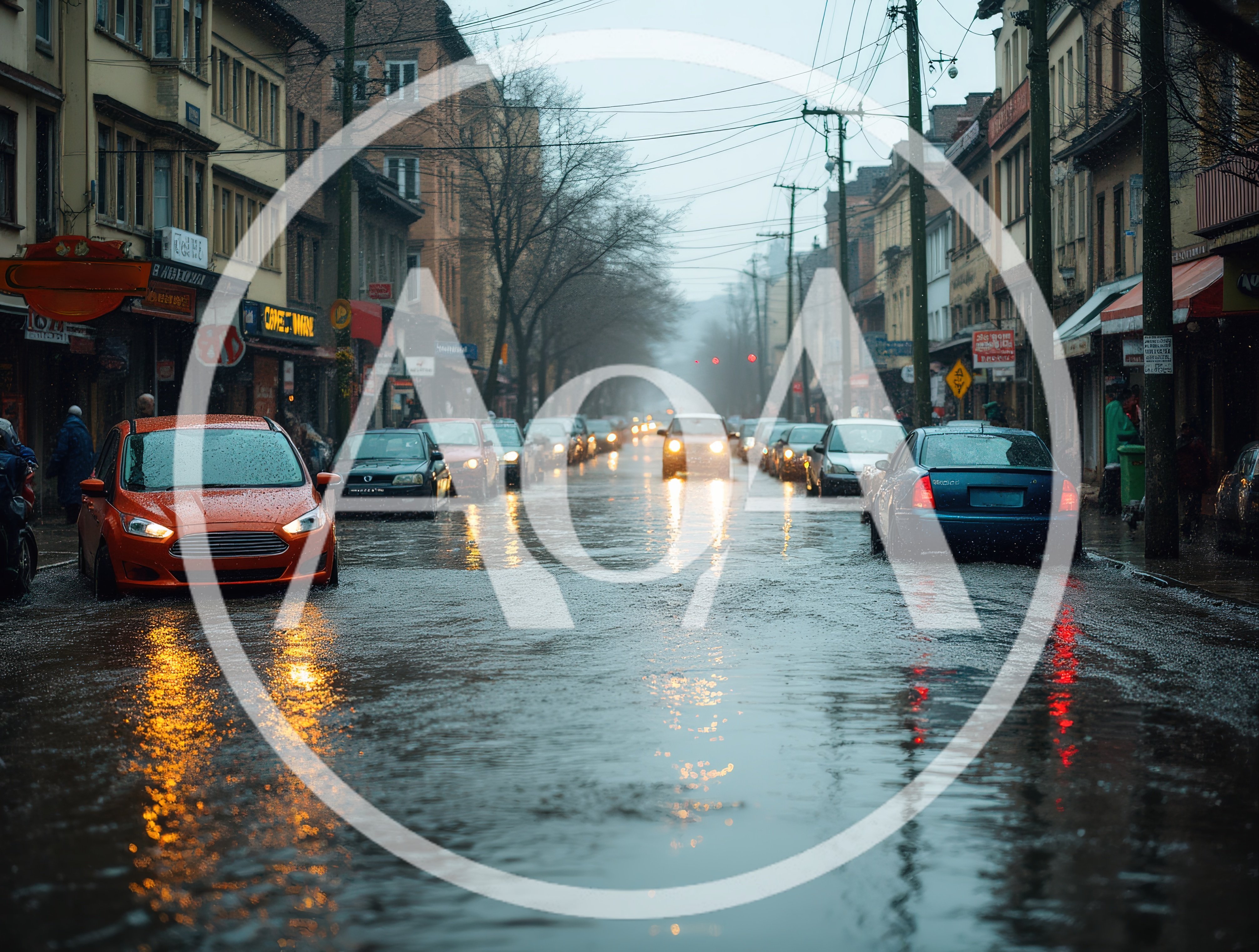 Flooded City Street With Traffic During Heavy Rain