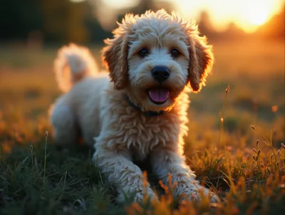 Adorable Goldendoodle Puppy Resting in Golden Hour Sunlight