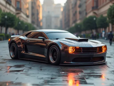 Black Muscle Car Parked On Wet City Street