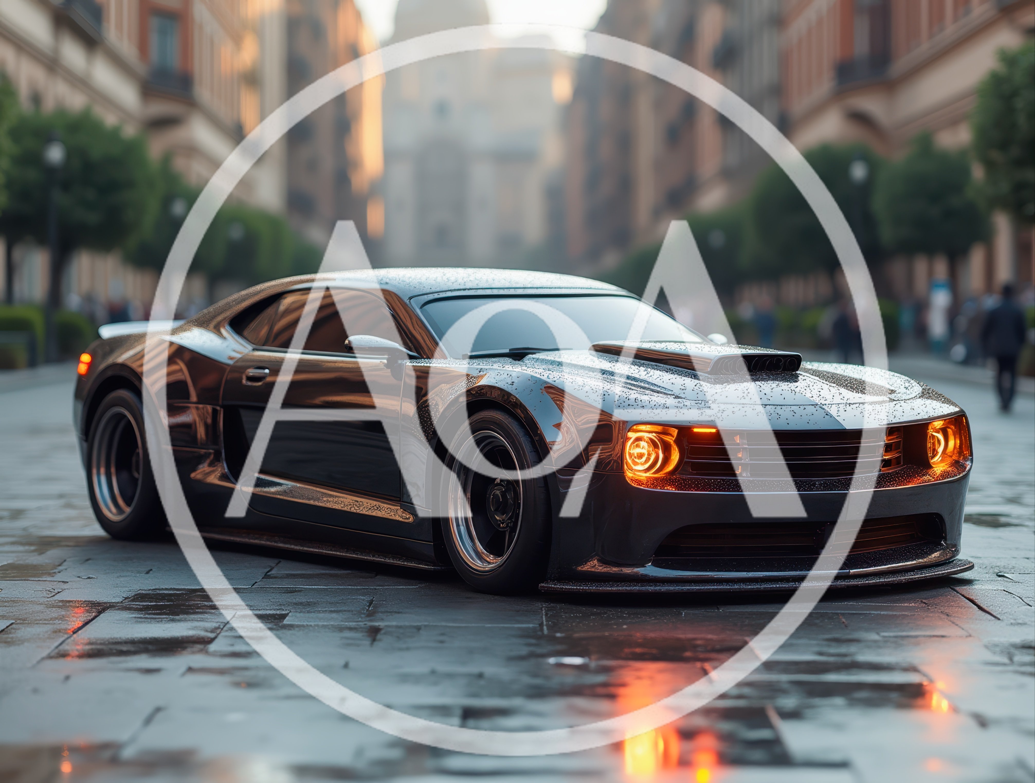 Black Muscle Car Parked On Wet City Street
